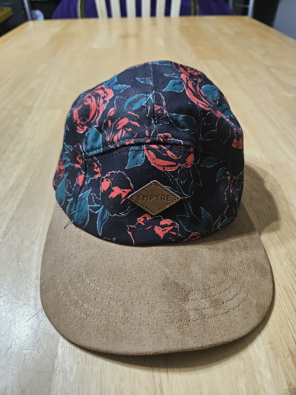 Empyre Floral 5 Panel Strapback Hat Black Rose Print Suede Brim Adjustable @H1